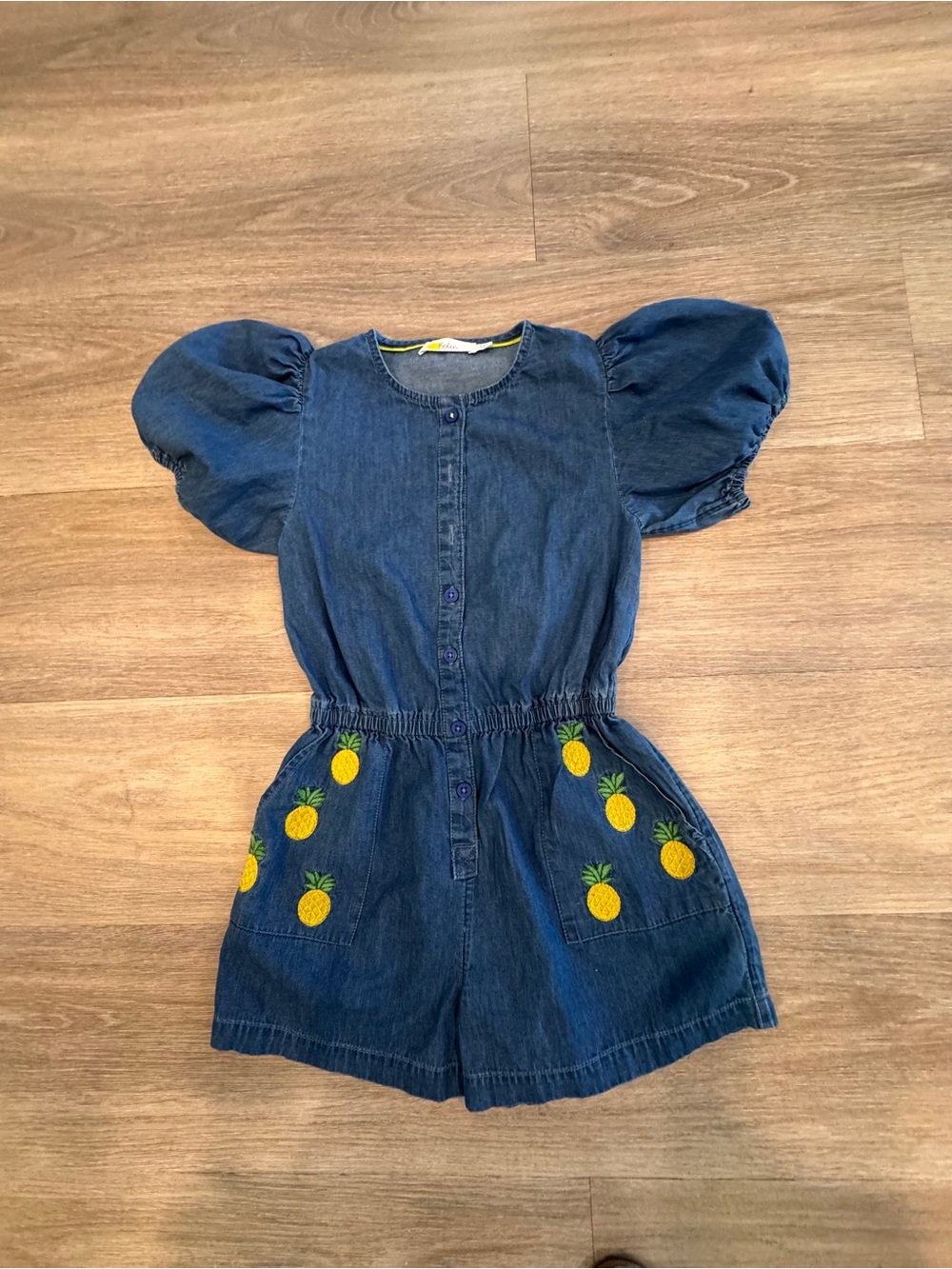 Mini Boden Blue Denim Romper with Yellow Pineapple Pockets